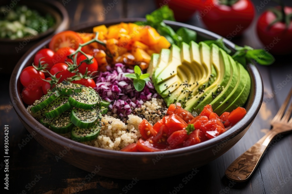 Wholesome and nutritious Buddha bowl with a mix of colorful vegetables, quinoa, and protein, a balanced and health-conscious culinary option