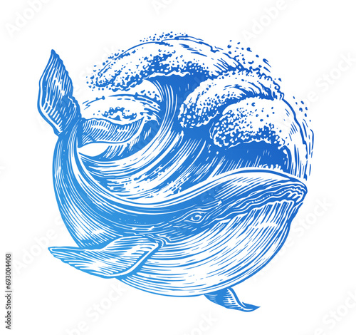 Swimming big whale and sea waves. Emblem in the shape of a circle on the theme of sea adventure, travel and discovery