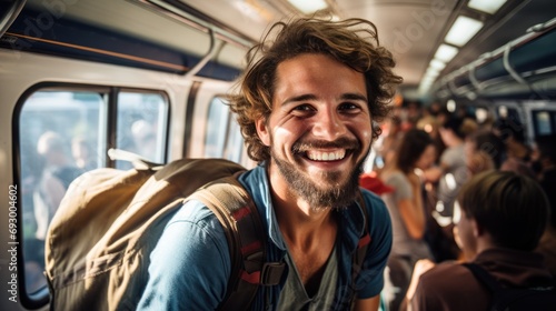 a happy tourist traveling by train and holding a map and looking © sirisakboakaew