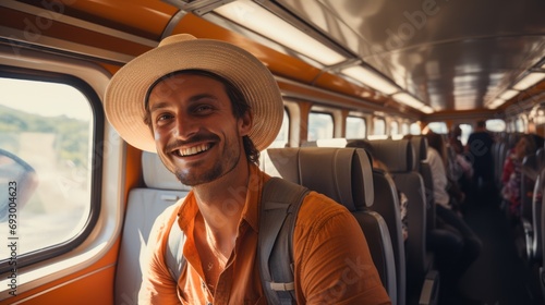 a happy tourist traveling by train and holding a map and looking © sirisakboakaew