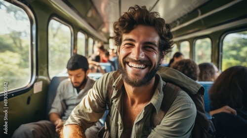 a happy tourist traveling by train and holding a map and looking photo