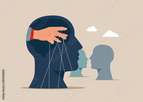 Hand, that manipulates the mind of another person. Psychology support, help relief anxiety or depression. Vector illustration. Flat vector illustration