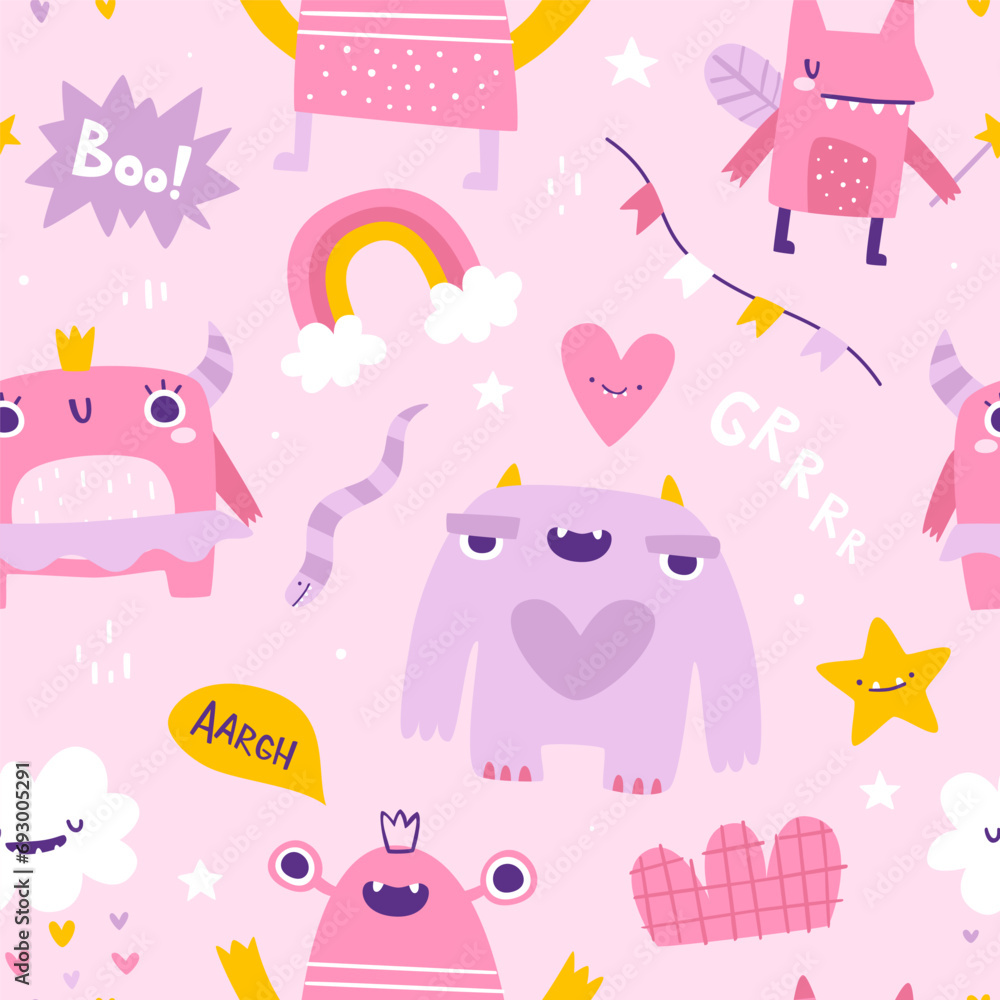 Cute girly pattern with funny pink monsters. Seamless vector print with abstract monster girls for baby fabric. Cute girly pattern with funny pink monsters. Seamless vector print with abstract monster girls for baby fabric.