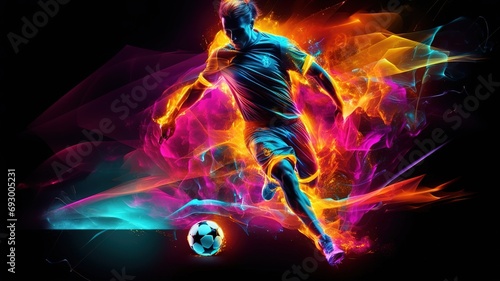 Young sporty athletic man wearing in red sport clothes, soccer football player in action on dark neon background. Concept of sport, game, action. Copy space for ad. Modern design background. AI. © yana136