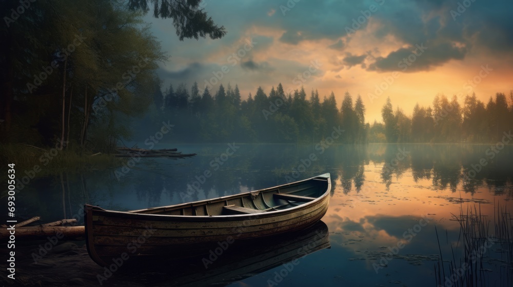 Obraz premium fishing boat silhouetted on tranquil lake waters at sunset