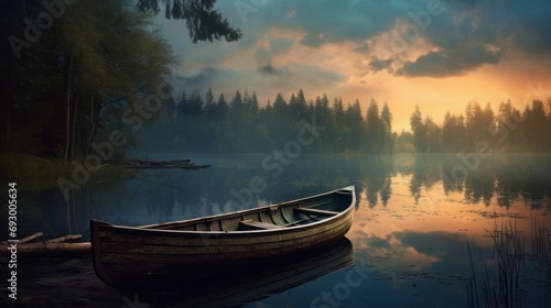 fishing boat silhouetted on tranquil lake waters at sunset