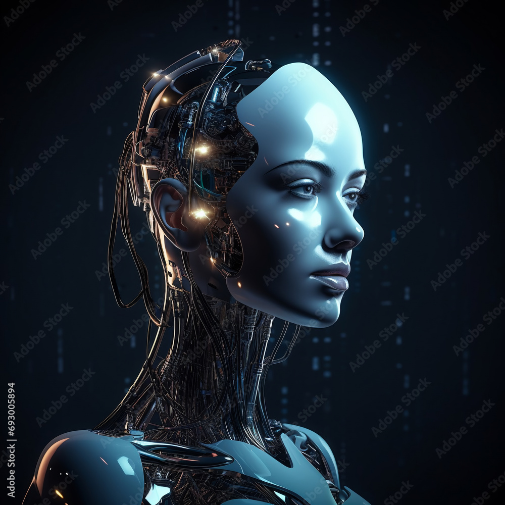 3d rendering of a female robot with a glowing head on a dark background. AI. 3d rendering of a female robot with a glowing head on a dark background. AI.
