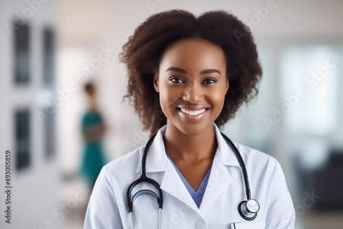 Dark-skinned young woman doctor with stethoscope standing in hospital corridor and smiling broadly. Portrait, close-up. The concept of medicine and helping people. Cardiologist, neurologist