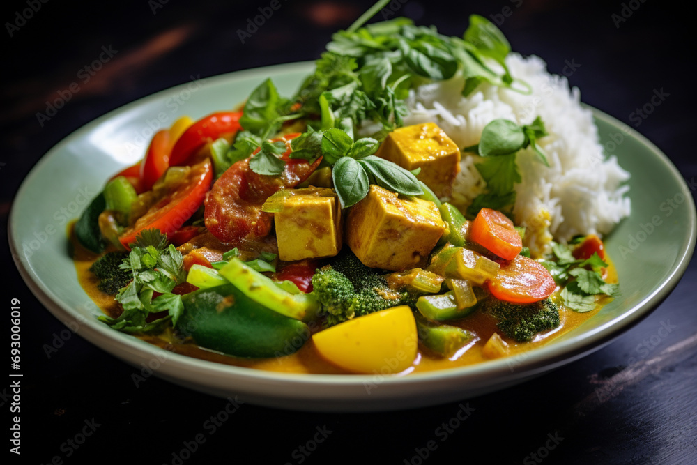 .Vegan Thai curry with tofu, vegetables, and aromatic herbs served over jasmine rice. .Vegan Thai curry with tofu, vegetables, and aromatic herbs served over jasmine rice.