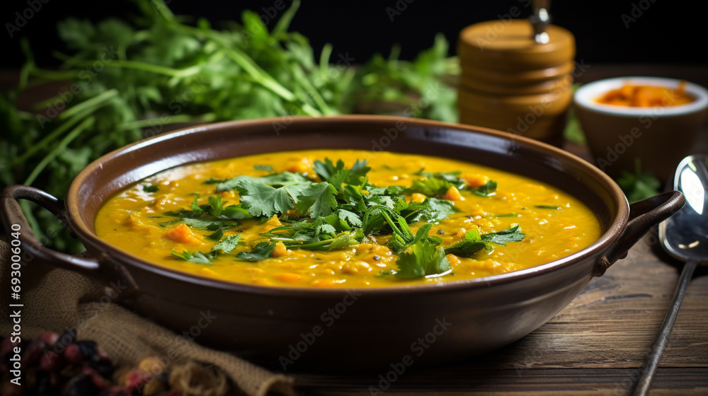 Vegan coconut curry lentil soup, rich in flavors and hearty ingredients.