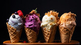 Vegan coconut milk ice cream in various flavors, served in a crunchy cone or cup.
