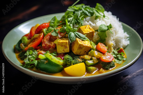 .Vegan Thai curry with tofu, vegetables, and aromatic herbs served over jasmine rice.