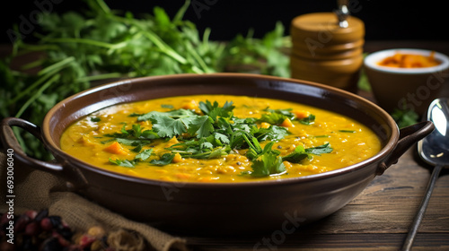 Vegan coconut curry lentil soup, rich in flavors and hearty ingredients.