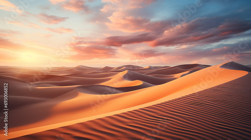 Calm, rhythmic patterns of sand dunes under a sunset sky.