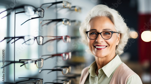 Happy mature woman chooses glasses in an optics store