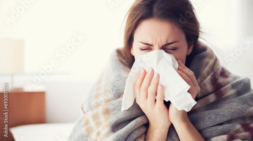 Nose  tissue and sick woman sneezing on a sofa with allergy  cold or flu in her home. Hay fever  allergy and female with viral infection  problem or health crisis in a living room with congestion