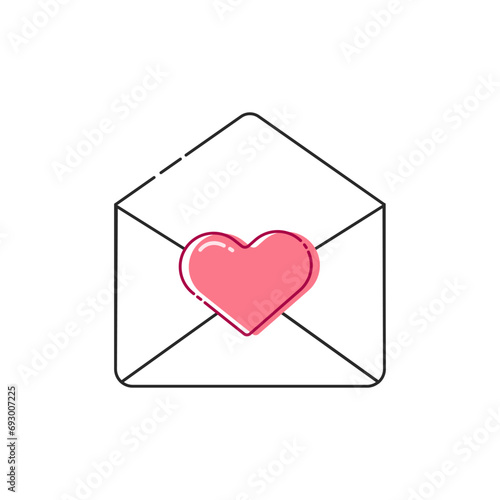 Closed, Opened Envelope with Heart Icon Set Closeup Isolated. Envelope with Paper Sheet Inside. Design Template for Valentines Day Card
