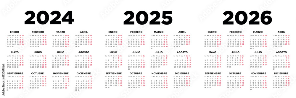 Calendario 2024 2025 2026 en español. Semana comienza el lunes. Sábados y domingos en rojo. Ilustración	
 - obrazy, fototapety, plakaty 