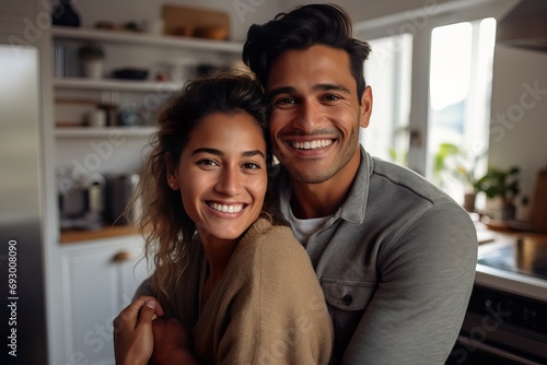  Playful Multicultural Couple Hugging in Modern Kitchen