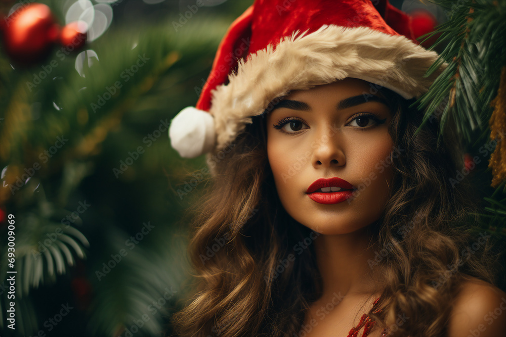 Beautiful young woman on Christmas and New Year party generative AI concept Beautiful young woman on Christmas and New Year party generative AI concept