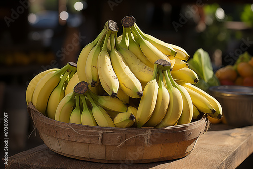 close-up view of bananas against a bunch of fresh bananas in the organic market