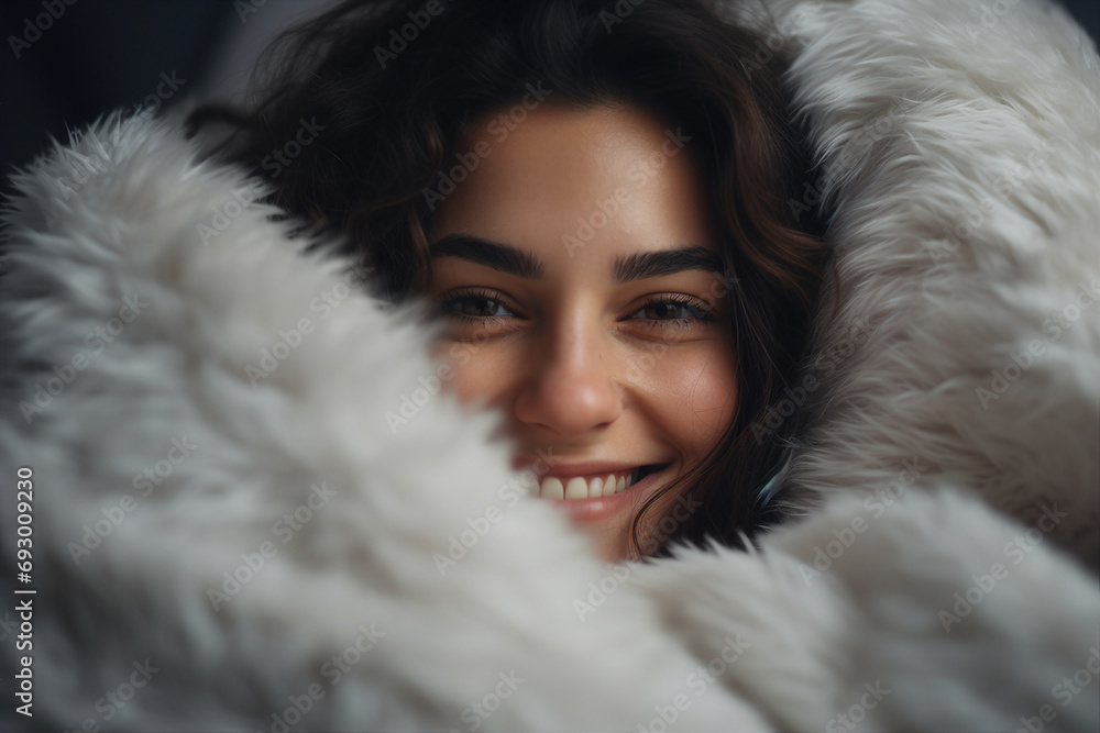 Generative AI close up picture of happy young person wrapped in warm laundry blanket Generative AI close up picture of happy young person wrapped in warm laundry blanket