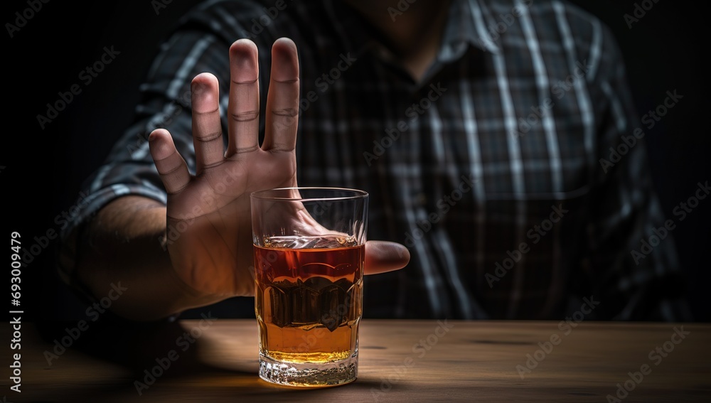 A man in a plaid shirt is declining a glass of whiskey, showing a hand in a gesture of refusal. The concept of giving up alcohol A man in a plaid shirt is declining a glass of whiskey, showing a hand in a gesture of refusal. The concept of giving up alcohol