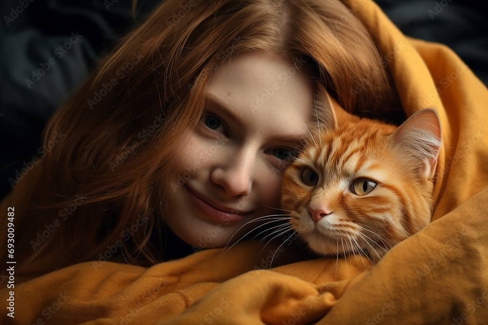 AI generated image of cheerful smiling person wrapped in blanket hugging cat in cozy room AI generated image of cheerful smiling person wrapped in blanket hugging cat in cozy room