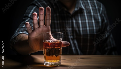 A man in a plaid shirt is declining a glass of whiskey, showing a hand in a gesture of refusal. The concept of giving up alcohol photo