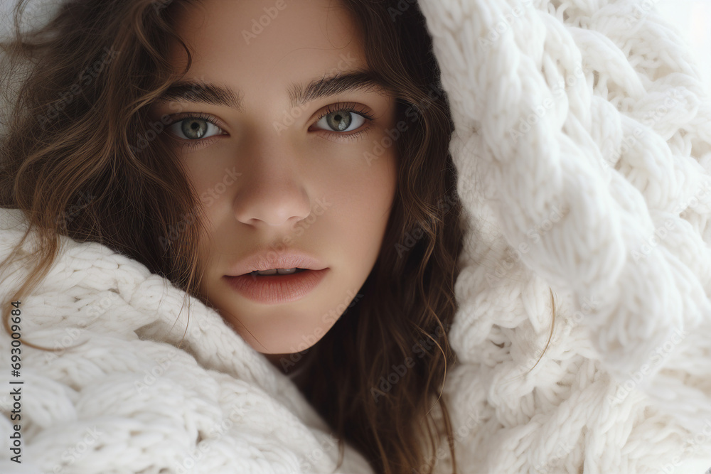 AI generated image of cheerful woman model wrapped in blanket awakening in morning AI generated image of cheerful woman model wrapped in blanket awakening in morning
