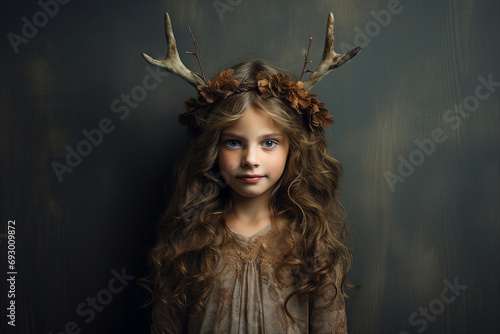 Little girl wearing reindeer horns on head winter costume Generative AI