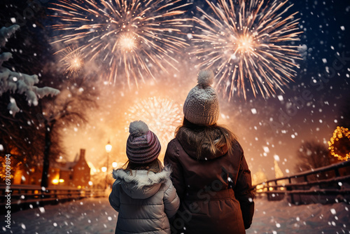 Two funny little kids friends watching Christmas fireworks together Generative AI