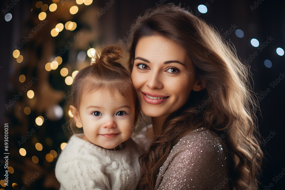 Generative AI happy child with mother preparing for christmas night together