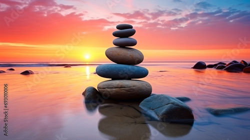 Stones balance on the beach and color sunrise