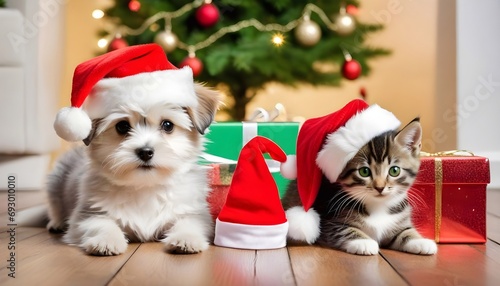 "A Heartwarming Christmas Moment: A Dog and a Kitten in Red Santa Hats" © Kalpesh
