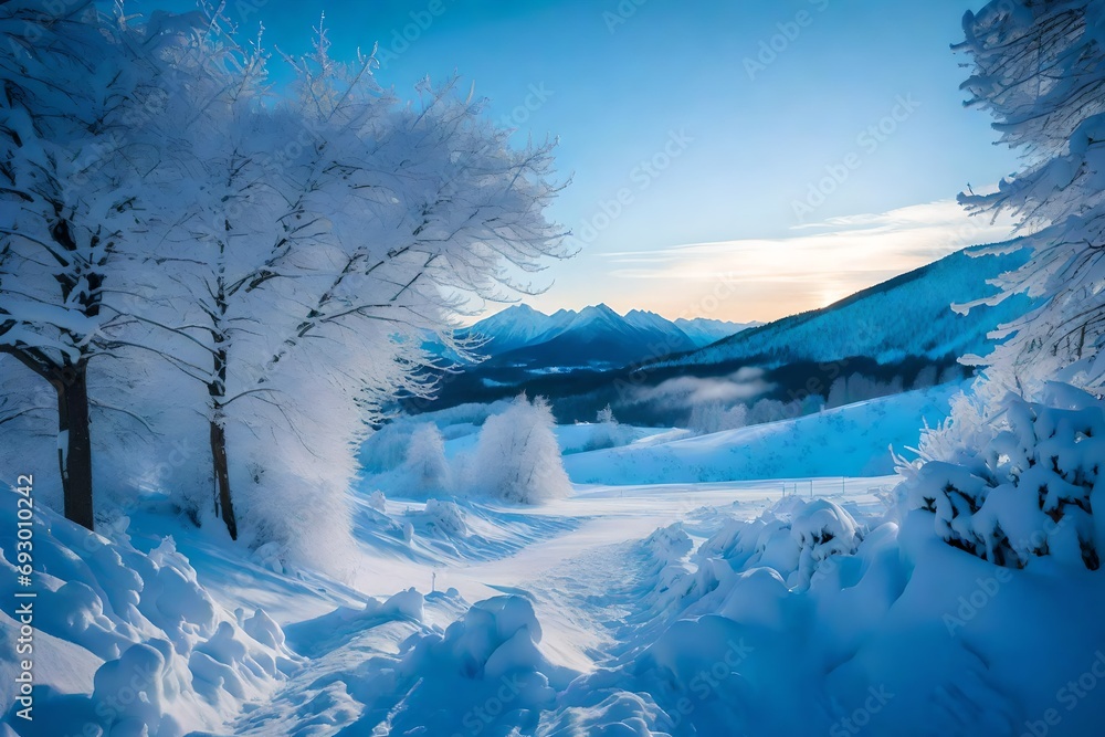 A mountainous landscape covered in a blanket of fresh snow, with the sky above transitioning from the cool tones of dawn to the crisp blues of a winter day.