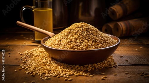 Beer malt with a ladle resting on the grains, highlighting the raw ingredients in the brewing process. photo