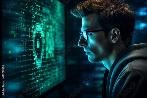 Generative AI portrait hacker in dark room secret organization community specialists