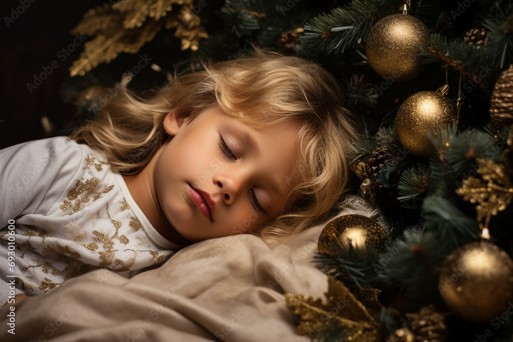 AI generated picture of happy child sleeping in cozy festive christmas atmosphere