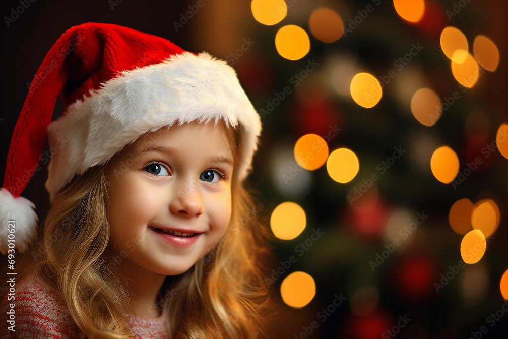 AI generated image of charming girl wear red santa claus hat christmas tree bokeh lights dark background AI generated image of charming girl wear red santa claus hat christmas tree bokeh lights dark background