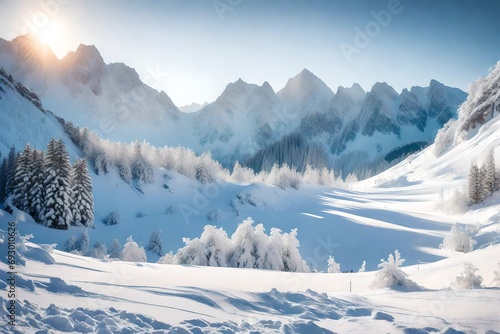 A mountainous terrain covered in a blanket of fresh snow, with sunlight glistening on the icy peaks and creating a serene winter wonderland.
