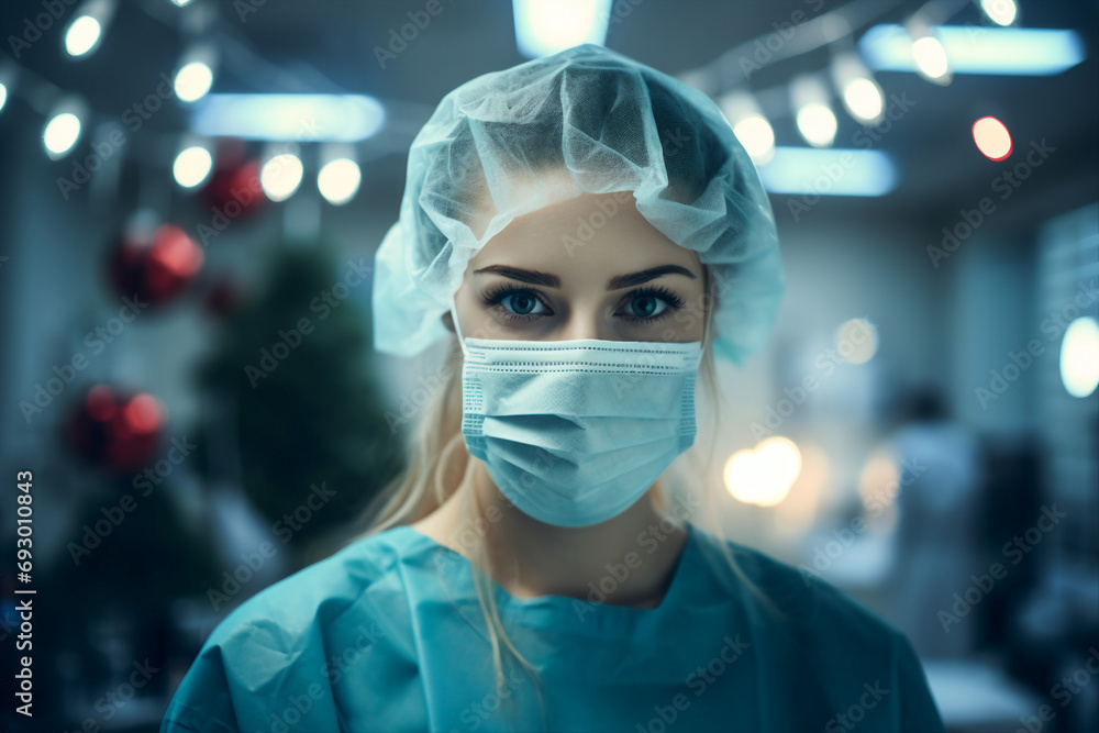 Generative AI image of doctor wear medical mask uniform working in new year night Generative AI image of doctor wear medical mask uniform working in new year night