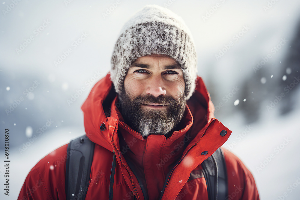 Portrait of cheerful man climber with backpack standing on high snowy mountains on winter day generative AI Portrait of cheerful man climber with backpack standing on high snowy mountains on winter day generative AI
