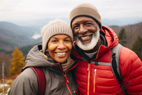 Generative AI portrait of retired couple climbing mountains together hobby