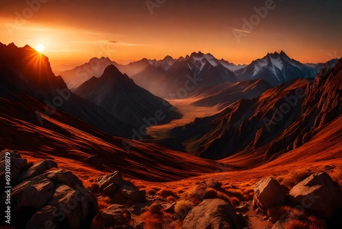 A mesmerizing sunset over a rugged mountain range, casting warm hues across the vast landscape, with the last light of day kissing the peaks goodbye. © Muhammad