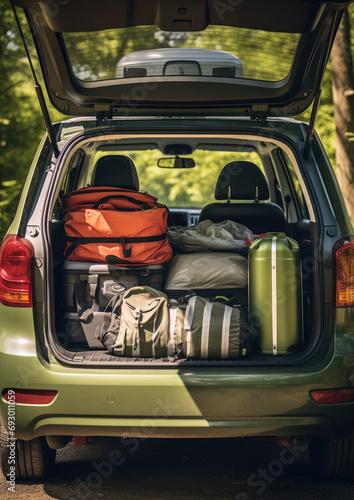 Holiday bag automobile car trunk vacation load transportation suitcase traveler trip summer baggage