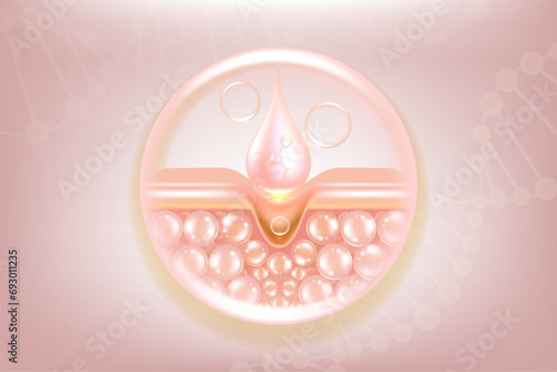 Hyaluronic acid hair and skin solutions ad. pink collagen serum drops into skin cells with cosmetic advertising background ready to use, illustration vector.
