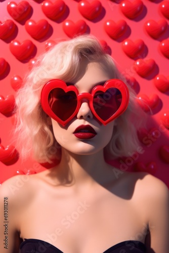 Retro-inspired portrait of a woman with red heart-shaped sunglasses on a backdrop of hearts