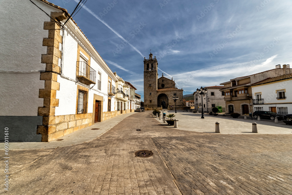Church at Mayor square in Navamorcuende on a sunny day. Toledo. Spain. Europe.
