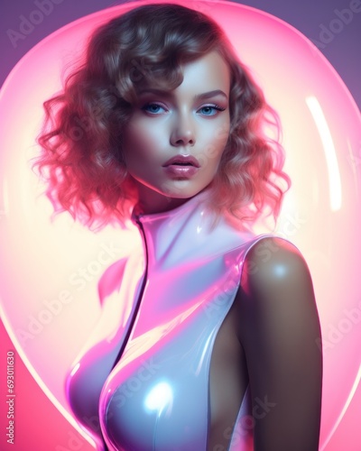 Stylish woman in glossy attire with a captivating pink neon circle framing her face photo